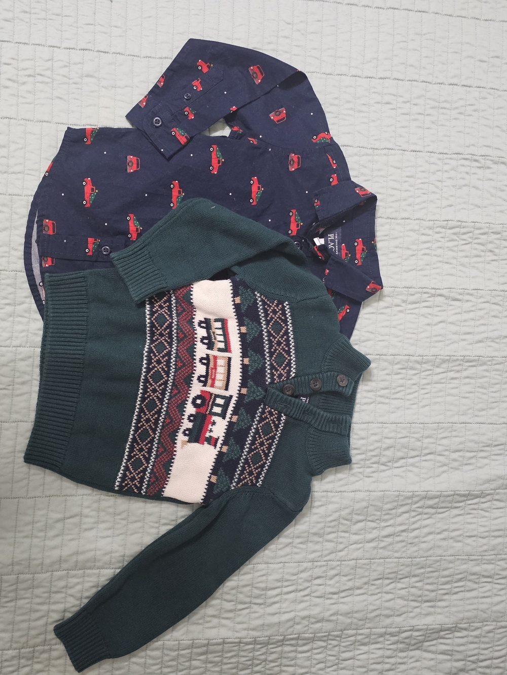 The Children's Place Navy Shirt and Green Fair Isle Train Sweater